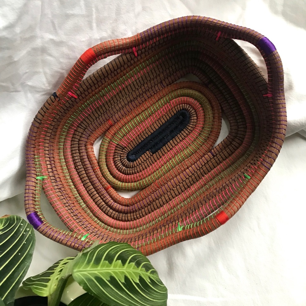 Wood basket with rainbow thread